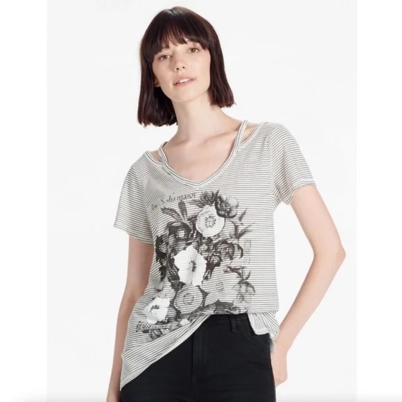 Lucky Brand Womens Flowers Printed Graphics V-Neck Cutout Tee Size Small - Picture 1 of 9